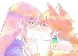 Rule 34 | 2girls, animal ears, couple, dog ears, dog girl, earrings, extra ears, feather earrings, feathers, gradient hair, highres, hololive, hololive english, jewelry, kemonomimi mode, long hair, looking at another, mori calliope, multicolored hair, multiple girls, orange hair, pink hair, purple eyes, red eyes, siki 222, smile, takanashi kiara, virtual youtuber, yuri
