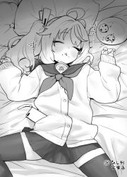Rule 34 | 1girl, ahoge, bed sheet, blue archive, blush, cardigan, closed eyes, commentary request, cookie, food, food on face, greyscale, hishigata, long hair, long sleeves, lying, monochrome, natsu (blue archive), neckerchief, on back, on bed, parted lips, pillow, plate, pleated skirt, ponytail, sailor collar, saliva, school uniform, side ponytail, skirt, sleeping, solo, sound effects, thighhighs