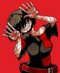 Rule 34 | 1girl, ayame hashinimasen, belt, black hair, female focus, hair over eyes, head tilt, leaning to the side, original, red background, sharp teeth, simple background, single bare shoulder, solo, stitches, teeth, upper body