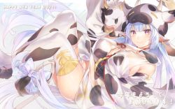 Rule 34 | 1girl, 2021, animal ears, animal print, bad id, bad pixiv id, bare shoulders, bikini, blue hair, blush, breasts, catura (granblue fantasy), cleavage, closed mouth, cow, cow ears, cow girl, cow hat, cow horns, cow print, cow tail, detached collar, detached sleeves, draph, ear piercing, granblue fantasy, happy new year, horns, large breasts, long hair, looking at viewer, new year, piercing, pointy ears, purple eyes, see-through, shiyun, short shorts, shorts, smile, solo, swimsuit, tail, thighhighs, thighs, white bikini, white shorts, white thighhighs, wide sleeves