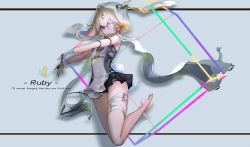 Rule 34 | 1girl, bandaged hand, bandages, barefoot, dress, english text, eyepatch, highres, hood, long hair, looking at viewer, one eye covered, rabbit tail, red eyes, see-through, sleeveless, solo, tail, tower of fantasy, wangchuan de quanyan, white hair