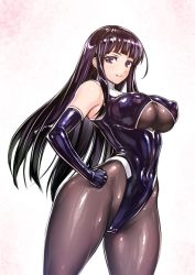 Rule 34 | 1girl, bare shoulders, black hair, black leotard, bodysuit, breasts, cameltoe, covered navel, cowboy shot, elbow gloves, covered erect nipples, gloves, hands on own hips, large breasts, leotard, long hair, looking at viewer, original, puffy nipples, purple eyes, rindou (radical dream), skin tight, smile, solo, standing, strapless, strapless leotard, thighhighs, thighs
