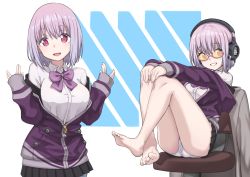 Rule 34 | 10s, 1girl, absurdres, arms at sides, ass, bare legs, barefoot, bow, breasts, chair, closed mouth, collared shirt, commentary request, cowboy shot, feet, from side, gridman universe, grin, headphones, highres, ivan wang, jacket, large breasts, legs up, light purple hair, long sleeves, looking at viewer, miniskirt, off shoulder, open mouth, panties, pantyhose, pantyshot, pink-framed eyewear, pleated skirt, purple jacket, red eyes, school uniform, semi-rimless eyewear, shinjou akane, shirt, short hair, sitting, skirt, smile, ssss.gridman, standing, thighs, toes, underwear, white panties, white shirt