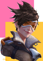 Rule 34 | 1girl, 2016, artist name, bodysuit, bomber jacket, brown eyes, brown hair, brown jacket, chest harness, chome, closed mouth, dated, eyelashes, fur trim, goggles, harness, jacket, leather, leather jacket, nose, overwatch, overwatch 1, portrait, short hair, smile, solo, spiked hair, strap, teeth, tracer (overwatch), union jack, vambraces