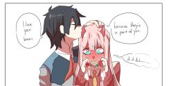 Rule 34 | 10s, 1boy, 1girl, black hair, blue eyes, blue horns, blush, closed eyes, colorized, comic, couple, darling in the franxx, english text, flower, full-face blush, green eyes, hair flower, hair ornament, hand on another&#039;s head, hetero, hiro (darling in the franxx), holding, holding hair ornament, horns, kiss, long hair, long sleeves, melonenbrot, military, military uniform, necktie, oni horns, orange neckwear, pink hair, red horns, red neckwear, short hair, speech bubble, uniform, zero two (darling in the franxx)