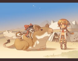 Rule 34 | 1girl, :3, bad id, bad pixiv id, blade (galaxist), blush, braid, brown hair, cat, desert, hamster, letterboxed, long hair, mouse (animal), pixiv fantasia, pixiv fantasia 3, pointy ears, riding, tent