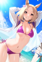 2girls absurdres admire_vega_(umamusume) animal_ears armpits arms_up beach bikini blonde_hair blue_bikini blue_sky breasts cleavage commentary day ear_ornament grin highres horse_ears horse_girl horse_tail jacket large_breasts medium_hair multiple_girls narita_top_road_(umamusume) navel ocean outdoors pink_bikini sand see-through_clothes see-through_jacket side-tie_bikini_bottom sky smile swimsuit symbol-only_commentary tail ugohato umamusume water yellow_eyes