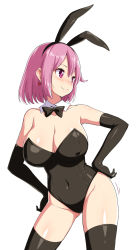 Rule 34 | 1girl, animal ears, bare shoulders, black gloves, black leotard, black thighhighs, blush, bow, bowtie, breasts, cleavage, covered navel, detached collar, earrings, elbow gloves, fake animal ears, gloves, hands on own hips, heart, heart earrings, highres, jewelry, large breasts, leotard, looking away, original, pink eyes, pink hair, playboy bunny, rabbit ears, short hair, simple background, smile, solo, strapless, strapless leotard, thighhighs, white background, zaxwu