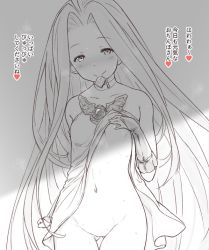 Rule 34 | 1girl, bare shoulders, breasts, choker, closed mouth, clothes lift, collarbone, condom, condom in mouth, condom wrapper, dress, dress lift, gluteal fold, granblue fantasy, greyscale, head tilt, heart, kiikii (kitsukedokoro), lifted by self, long hair, looking at viewer, lyria (granblue fantasy), monochrome, mouth hold, navel, nipples, no panties, sketch, small breasts, smile, solo, sweat, translation request, very long hair