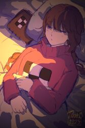Rule 34 | 1girl, :/, anniversary, bed, blanket, blush, book, braid, brown hair, closed eyes, covering with blanket, diary, from above, hands up, highres, light, long sleeves, lying, madotsuki, messy hair, notebook, on back, pillow, pink sweater, signature, sleeping, solo, sunlight, sweater, takato1925, turtleneck, turtleneck sweater, twin braids, twintails, twitter username, under covers, yume nikki