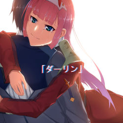 Rule 34 | 10s, 1boy, 1girl, black hair, commentary request, couple, crying, crying with eyes open, darling in the franxx, green eyes, hair ornament, hairband, hetero, hiro (darling in the franxx), horns, hug, long hair, long sleeves, military, military uniform, oni horns, pink hair, raitho, red horns, short hair, tears, uniform, white hairband, zero two (darling in the franxx)