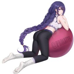 Rule 34 | 1girl, ass, ball, bare arms, bare shoulders, black pants, breasts, commentary, crop top, feet, genshin impact, ghhoward, highres, kneeling, large breasts, leggings, legs, long braid, long hair, looking at viewer, midriff, no shoes, pants, parted lips, purple eyes, purple hair, raiden shogun, revision, ribbed socks, shirt, simple background, sleeveless, sleeveless shirt, socks, soles, solo, thighs, toes, twitter username, very long hair, white background, white shirt, white socks