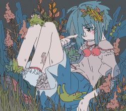 Rule 34 | 1girl, bloomers, blue eyes, blue hair, blush, cirno, folded, frilled legwear, frilled sleeves, frills, frog, frozen, frozen frog, ice, limited palette, matching hair/eyes, muted color, pointing, pointing at self, pom pom (clothes), puffy sleeves, shirt, shoes, sitting, sketch, skirt, smr03, solo, touhou, underwear, white legwear