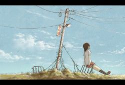Rule 34 | 1girl, bad id, bad pixiv id, black socks, blue sky, brown hair, cable, cloud, cola (gotouryouta), day, from behind, grass, lamp, lamppost, letterboxed, original, outdoors, outstretched leg, pleated skirt, power lines, scenery, school uniform, shoes, short hair, sitting, skirt, sky, socks, solo