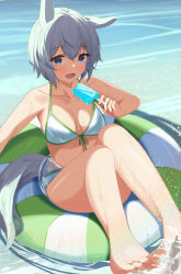 1girl absurdres animal_ears bare_arms bare_legs bare_shoulders barefoot bikini blue_eyes breasts cathy_idx collarbone commentary_request food halterneck highres horse_ears horse_girl horse_tail innertube light_green_hair looking_at_viewer medium_breasts popsicle seiun_sky_(umamusume) short_hair solo string_bikini swim_ring swimsuit tail umamusume water wet white_bikini