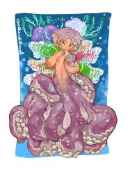Rule 34 | 1boy, full body, hand up, highres, looking at viewer, male focus, monster boy, navel, nipples, octopus boy, original, purple hair, shima (wansyon144), short hair, solo, suction cups, tentacles, yellow eyes