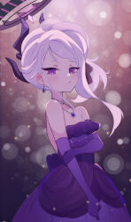 Rule 34 | 1girl, :&lt;, absurdres, ancortsu, black horns, blue archive, blush, closed mouth, dangle earrings, demon horns, dress, earrings, elbow gloves, gloves, grey hair, halo, highres, hina (blue archive), hina (dress) (blue archive), horns, jewelry, long hair, looking at viewer, multiple horns, necklace, official alternate costume, official alternate hairstyle, pendant, purple dress, purple eyes, purple gloves, solo, strapless, strapless dress