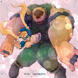 Rule 34 | 1boy, 1girl, blonde hair, blue eyes, breasts, fighting, final fight, giant, green eyes, highres, large breasts, long hair, mask, muscular, muscular male, pants, quasimodox, rainbow mika, sleeveless, street fighter, teeth, twintails, wrestling outfit