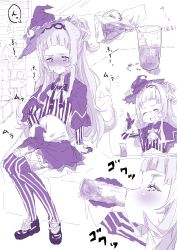Rule 34 | absurdres, blush, cup, drinking, drinking glass, drugs, highres, holding stomach, hololive, japanese text, murasaki shion, navel, tagme, virtual youtuber