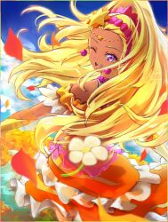 Rule 34 | 1girl, ;d, amamiya elena, bare shoulders, blonde hair, border, clear glass (mildmild1311), commentary request, cure soleil, dark-skinned female, dark skin, dress, earrings, eyelashes, hair ornament, hairband, happy, highres, jewelry, long hair, looking at viewer, magical girl, multicolored border, one eye closed, open mouth, orange dress, precure, purple eyes, purple hairband, smile, solo, standing, star (symbol), star hair ornament, star twinkle precure