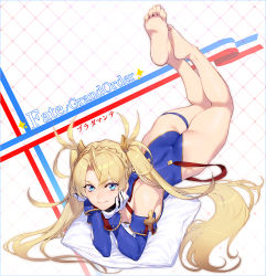 Rule 34 | 1girl, ass, azusa (hws), bare legs, bare shoulders, barefoot, blonde hair, blue eyes, blush, bradamante (fate), bradamante (first ascension) (fate), braid, breasts, cleavage, commentary request, curvy, elbow gloves, fate/grand order, fate (series), feet, female focus, french braid, gloves, hair between eyes, head on hand, highleg, highleg leotard, huge ass, leotard, long hair, looking at viewer, lying, medium breasts, on stomach, pillow, shiny skin, sidelocks, smile, soles, solo, the pose, thigh strap, thighs, toes, twintails, very long hair
