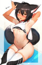 Rule 34 | 1girl, ahoge, animal ear fluff, animal ears, armpits, bikini, black hair, black thighhighs, breasts, breath, brown eyes, checkered clothes, checkered legwear, commentary request, fang, hair between eyes, hand up, highres, mathew (srmmk mce), medium breasts, navel, open mouth, original, short hair, sitting, smile, solo, stomach, sweat, swimsuit, tail, tan, tanline, thighhighs, two-tone legwear, underboob, white thighhighs