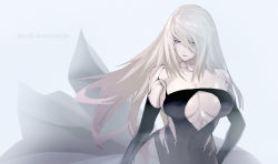 Rule 34 | 1girl, alternate costume, android, armlet, bare shoulders, black dress, black gloves, blue eyes, breasts, cleavage cutout, closed mouth, clothing cutout, dress, elbow gloves, gloves, hair between eyes, highres, joints, large breasts, long hair, maeshima shigeki, mole, mole under mouth, nier:automata, nier (series), pale skin, pink lips, robot joints, thighs, title, a2 (nier:automata)
