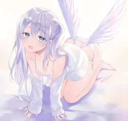 Rule 34 | 1girl, achiki, all fours, angel wings, bad id, bad twitter id, bare legs, bare shoulders, bed sheet, blue eyes, blush, bra, breasts, dress shirt, feathered wings, indoors, long hair, looking at viewer, low wings, medium breasts, off-shoulder shirt, off shoulder, open clothes, open mouth, open shirt, original, panties, purple hair, shirt, side-tie panties, sleeves past wrists, solo, two side up, underwear, white bra, white panties, white shirt, wings