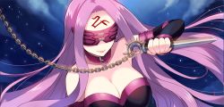 Rule 34 | 1girl, blindfold, breasts, chain, cleavage, dagger, facial mark, fate/stay night, fate (series), female focus, forehead mark, himaya, knife, large breasts, long hair, medusa (fate), medusa (rider) (fate), nameless dagger (fate), purple hair, solo, very long hair, weapon