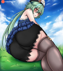 Rule 34 | 1girl, absurdres, animal ears, aqua hair, ass, bare shoulders, blush, cameltoe, dress, embarrassed, from behind, from below, genshin impact, glasses, green hair, hat, highres, huge ass, long hair, looking at viewer, low ponytail, open mouth, parted lips, ponytail, shiny clothes, shiny skin, short dress, short shorts, shorts, solo, sucrose (genshin impact), thighhighs, very long hair, yellow eyes, yirusann