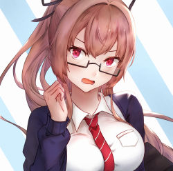 Rule 34 | 1girl, absurdres, azur lane, blue background, blue cardigan, breasts, brown hair, cardigan, collared shirt, fangxingdeyinxue, highres, large breasts, light blush, long hair, necktie, official alternate costume, open cardigan, open clothes, open mouth, red eyes, red necktie, school uniform, semi-rimless eyewear, shirt, simple background, solo, striped, striped background, striped necktie, swiftsure (azur lane), swiftsure (study hall cyclamen) (azur lane), under-rim eyewear, uniform, upper body, white background, white shirt, wing collar