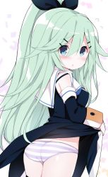 Rule 34 | 10s, 1girl, ass, bad id, bad twitter id, blue eyes, blush, clothes lift, commentary request, cowboy shot, detached sleeves, from behind, green hair, hair between eyes, hair ornament, hair ribbon, hairclip, kantai collection, long hair, looking at viewer, looking back, panties, parted lips, ribbon, sailor collar, skirt, skirt lift, solo, striped clothes, striped panties, underwear, watanon (gakushokutei), white background, yamakaze (kancolle)