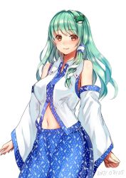 Rule 34 | 1girl, bad id, bad twitter id, blue skirt, breasts, closed mouth, collared shirt, dated, detached sleeves, frog hair ornament, green hair, hair ornament, hair tubes, highres, kochiya sanae, large breasts, long hair, looking at viewer, navel, orange eyes, shirt, simple background, skirt, smile, snake hair ornament, solo, touhou, tsukiriran, white background, wide sleeves