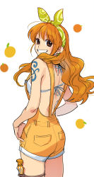 Rule 34 | 1girl, artist request, bikini, bikini under clothes, breasts, brown eyes, clima-tact, earrings, eyelashes, hairband, happy, highres, jewelry, long hair, looking at viewer, nami (one piece), one piece, one piece: stampede, orange hair, overall shorts, overalls, sideboob, sketch, smile, solo, source request, standing, swimsuit, swimsuit under clothes, tattoo, thigh strap, weapon, white bikini, yellow overalls