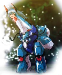 Rule 34 | &gt; &lt;, 1girl, blue hair, blush, closed eyes, fang, fusion, grin, happy, legs, long hair, md5 mismatch, mecha, mecha musume, nipples, open mouth, original, parody, robot, smile, solo, sonjow4, star (symbol), what