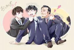 Rule 34 | 3boys, akaza t, artist name, black hair, black necktie, black suit, brown footwear, brown hair, brown necktie, character name, eye contact, facial hair, formal, grey necktie, grey suit, hair slicked back, hand on another&#039;s chin, haruta soichi, heart, holding hands, kurosawa musashi, leaning forward, long sleeves, looking at another, love triangle, maki ryota, male focus, multiple boys, mustache, necktie, open mouth, ossan zu rabu, sitting, stroking another&#039;s chin, stubble, suit, sweatdrop, yaoi