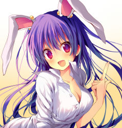 Rule 34 | 1girl, :d, animal ears, blush, breasts, cleavage, collarbone, dress shirt, earrings, fang, female focus, finger gun, gradient background, happy, head tilt, jewelry, large breasts, leaning forward, long hair, looking at viewer, open mouth, pointing, pointing up, purple hair, rabbit ears, red eyes, reia, reisen udongein inaba, shirt, sleeves rolled up, smile, solo, stud earrings, touhou, very long hair, white shirt