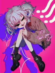 Rule 34 | 1girl, 318-chan, black eyes, black footwear, black skirt, black socks, bow, bowtie, cardigan, collared shirt, commission, grey hair, highres, imasada, index finger raised, loafers, looking at viewer, medium hair, open mouth, original, pink background, red bow, red bowtie, shadow, shirt, shoes, sitting, skeb commission, skirt, smile, socks, solo, twintails, white shirt