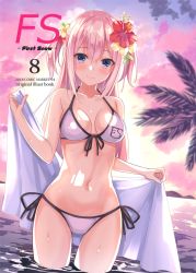 Rule 34 | 1girl, backlighting, bare shoulders, bikini, blue eyes, blush, breasts, breasts apart, circle name, closed mouth, cloud, cloudy sky, collarbone, comiket 94, commentary request, cowboy shot, dutch angle, flower, front-tie bikini top, front-tie top, hair flower, hair ornament, hatsu (first snow), heart, heart in eye, hibiscus, highres, holding, holding towel, long hair, looking at viewer, medium breasts, navel, ocean, original, outdoors, palm tree, pink hair, side-tie bikini bottom, sky, smile, solo, sunlight, swimsuit, symbol in eye, towel, tree, twilight, two side up, wading, water, water drop, wet, white bikini