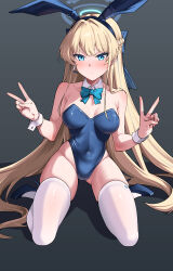 Rule 34 | 1girl, absurdres, animal ears, bare shoulders, blonde hair, blue archive, blue bow, blue eyes, blue hairband, blue leotard, bow, bowtie, braid, breasts, chubb, closed mouth, covered navel, detached collar, double v, fake animal ears, full body, hairband, halo, highleg, highleg leotard, highres, kneeling, leotard, long hair, medium breasts, official alternate costume, official alternate hairstyle, playboy bunny, rabbit ears, solo, thighhighs, thighs, toki (blue archive), toki (bunny) (blue archive), v, very long hair, white thighhighs, wrist cuffs
