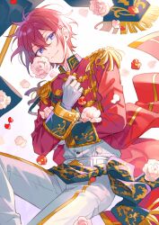 Rule 34 | 1boy, closed mouth, colored eyelashes, commentary, ensemble stars!, epaulettes, flag, flower, gloves, hair between eyes, high collar, long sleeves, male focus, petals, pink flower, purple eyes, red flower, red hair, seuga, short hair, smile, solo, suou tsukasa, white gloves