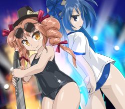 Rule 34 | 2girls, alternate costume, armpit crease, aura, back-to-back, bare arms, bare shoulders, black one-piece swimsuit, blue eyes, blue hair, bow, breasts, buruma, collarbone, commentary request, cowboy shot, drill hair, dutch angle, eyewear on head, hair bow, hair ribbon, hat, instrument, long hair, looking at viewer, looking back, mini hat, mini top hat, multiple girls, night, one-piece swimsuit, open mouth, outdoors, pink hair, ribbon, school swimsuit, shirt, short sleeves, siblings, sideways glance, sisters, sky, small breasts, smile, spotlight, sunglasses, swimsuit, t-shirt, top hat, touhou, tree, tress ribbon, twin drills, untucked shirt, very long hair, winn, yellow eyes, yorigami jo&#039;on, yorigami shion