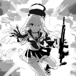 Rule 34 | 1girl, beret, black gloves, blue archive, expressions, gloves, greyscale, halo, hat, highres, jumping, justice task force member (blue archive), long hair, looking at viewer, monochrome, osakana (denpa yun&#039;yun), skirt, solo, tears, twitter
