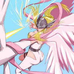 Rule 34 | 1girl, angel wings, angewomon, ass, asymmetrical clothes, bare shoulders, belt, blonde hair, blue background, bodysuit, boobplate, breastplate, breasts, cleavage, closed mouth, commentary request, covered eyes, digimon, digimon (creature), elbow gloves, feathered wings, firing, floating, floating hair, gloves, hagoromo, helmet, highres, hip vent, large breasts, long hair, multiple wings, outstretched arm, ryo@, shawl, sidelocks, simple background, single elbow glove, solo, thigh strap, white bodysuit, white gloves, winged helmet, wings, wrist wings