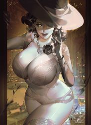 Rule 34 | 1girl, alcina dimitrescu, black flower, black hair, black lips, black rose, breasts, cleavage, corsage, curvy, flower, hat, jewelry, lace, large breasts, mature female, mcmclunar (kaz), necklace, pale skin, pearl necklace, resident evil, resident evil village, rose, sun hat, thighs, underwear, yellow eyes