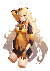 Rule 34 | 1girl, arm up, artist name, bag, belt, blonde hair, blush, breasts, character name, closed mouth, collar, girls&#039; frontline, gloves, green eyes, hair between eyes, hair ornament, hairband, highres, italian flag, jacket, lips, long hair, looking at viewer, messy hair, neckwear request, one eye closed, orange hairband, s.a.t.8 (girls&#039; frontline), shorts, sidelocks, simple background, skirt, smile, solo, strap, train hb, very long hair, weibo watermark, white background