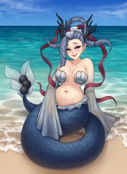 Rule 34 | 10s, 1girl, bare shoulders, beach, blue eyes, blue sky, blush, breasts, day, drill hair, grey hair, groin, highres, horns, izanami (youkai watch), large breasts, long hair, looking at viewer, mermaid, monorus, monster girl, navel, ocean, outdoors, pointy ears, shawl, shell, shell bikini, sitting, sky, sleeves past wrists, smile, solo, water, wide sleeves, youkai watch