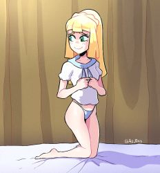 Rule 34 | 1girl, azex, barefoot, blush, braid, closed mouth, collarbone, commentary, creatures (company), eyelashes, french braid, full body, game freak, green eyes, high ponytail, highres, kneeling, lillie (pokemon), long hair, looking back, nintendo, own hands together, panties, pokemon, pokemon sm, raised eyebrows, shirt, short sleeves, smile, solo, twitter username, underwear, white shirt