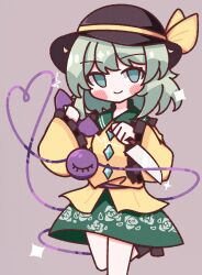 Rule 34 | 1girl, absurdres, black hat, blush, bow, buttons, diamond button, floral print, frilled shirt collar, frilled sleeves, frills, green eyes, green hair, green skirt, hat, hat bow, heart, heart of string, highres, holding, holding knife, holding phone, knife, komeiji koishi, leg up, light green hair, long sleeves, medium hair, phone, rose print, shirt, simple background, skirt, sleeves past wrists, smile, solo, sparkle, standing, standing on one leg, third eye, touhou, waroemon, weapon, yellow bow, yellow shirt