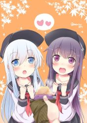 Rule 34 | 10s, 2girls, akatsuki (kancolle), anchor symbol, bad id, bad twitter id, blush, commentary request, flat cap, food, grey eyes, hat, heart, hibiki (kancolle), highres, inactive account, kantai collection, leaf, leaf background, long hair, looking at viewer, mentei yakuna, multiple girls, neckerchief, open mouth, pov, pov hands, purple eyes, purple hair, red neckerchief, school uniform, serafuku, silver hair, spoken heart, sweet potato, twitter username